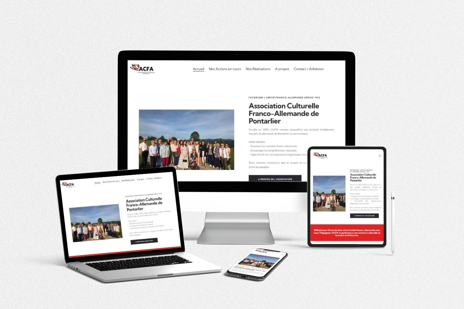 Site internet de l’ACFA Pontarlier réalisé par LLP Agency, affiché sur ordinateur, portable, tablette et mobile