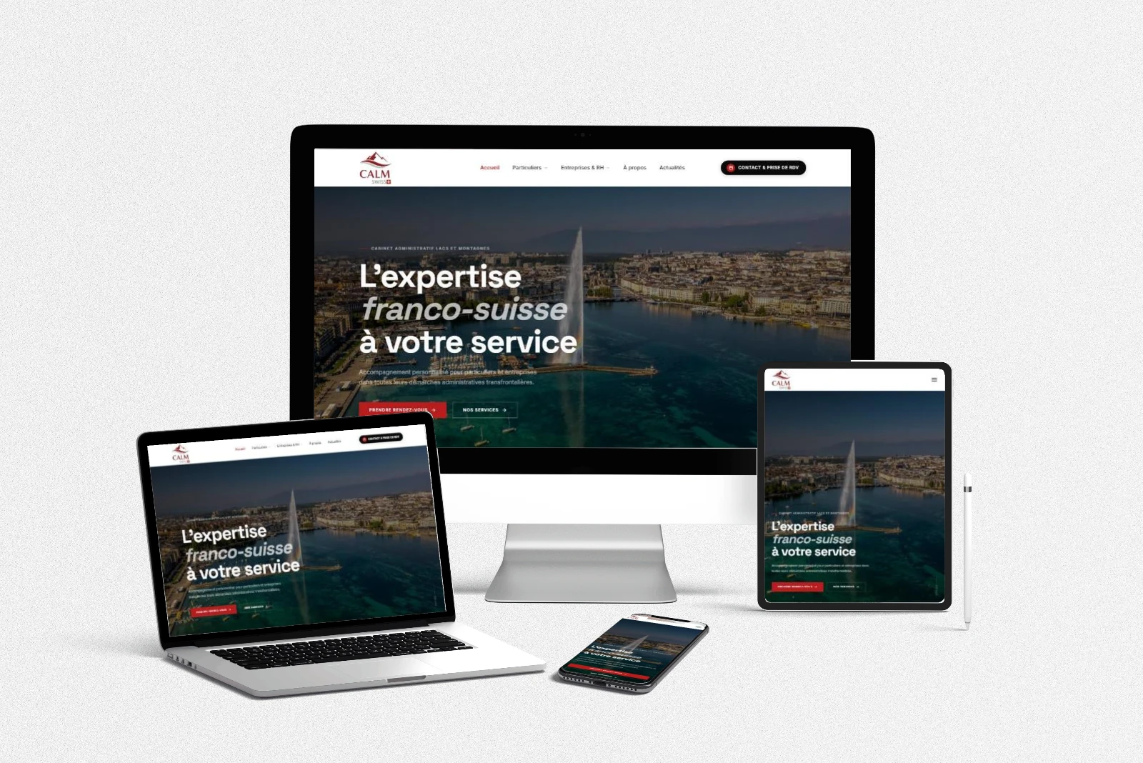 Site internet de CALM Swiss réalisé par LLP Agency, affiché sur ordinateur, portable, tablette et mobile