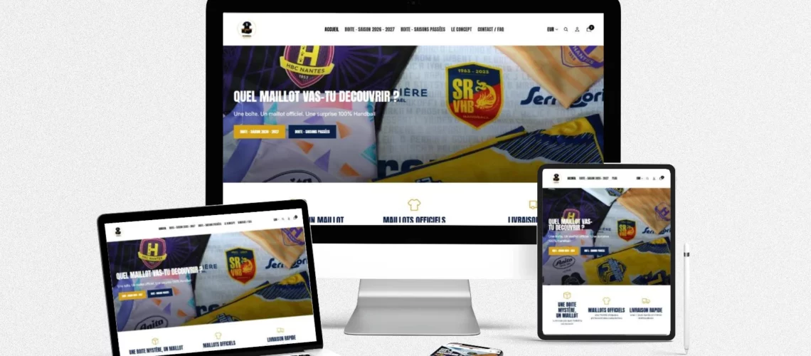 Site internet de la boutique en ligne Handball Mystery réalisé par LLP Agency, affiché sur ordinateur, portable, tablette et mobile
