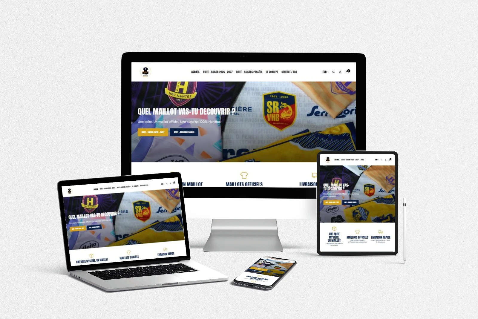 Site internet de la boutique en ligne Handball Mystery réalisé par LLP Agency, affiché sur ordinateur, portable, tablette et mobile