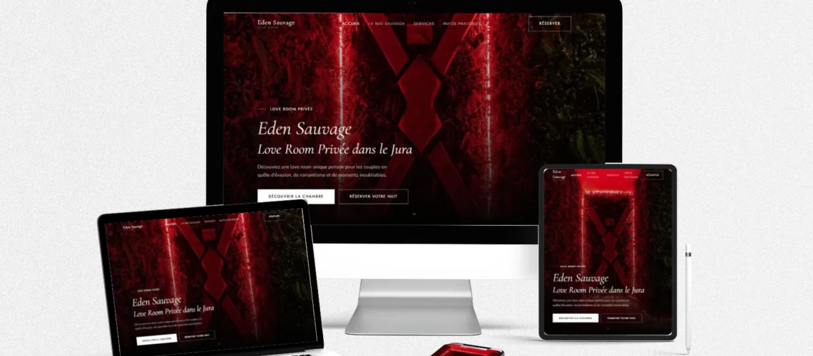 Site internet de la love room Eden Sauvage réalisé par LLP Agency, affiché sur ordinateur, portable, tablette et mobile