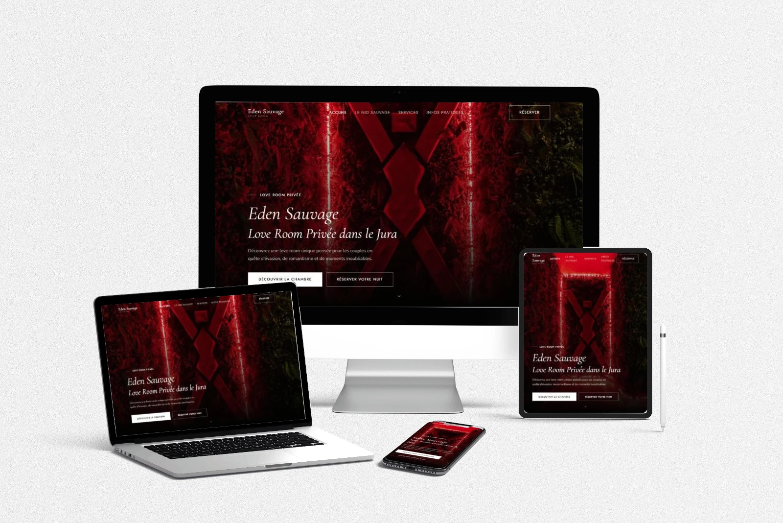 Site internet de la love room Eden Sauvage réalisé par LLP Agency, affiché sur ordinateur, portable, tablette et mobile