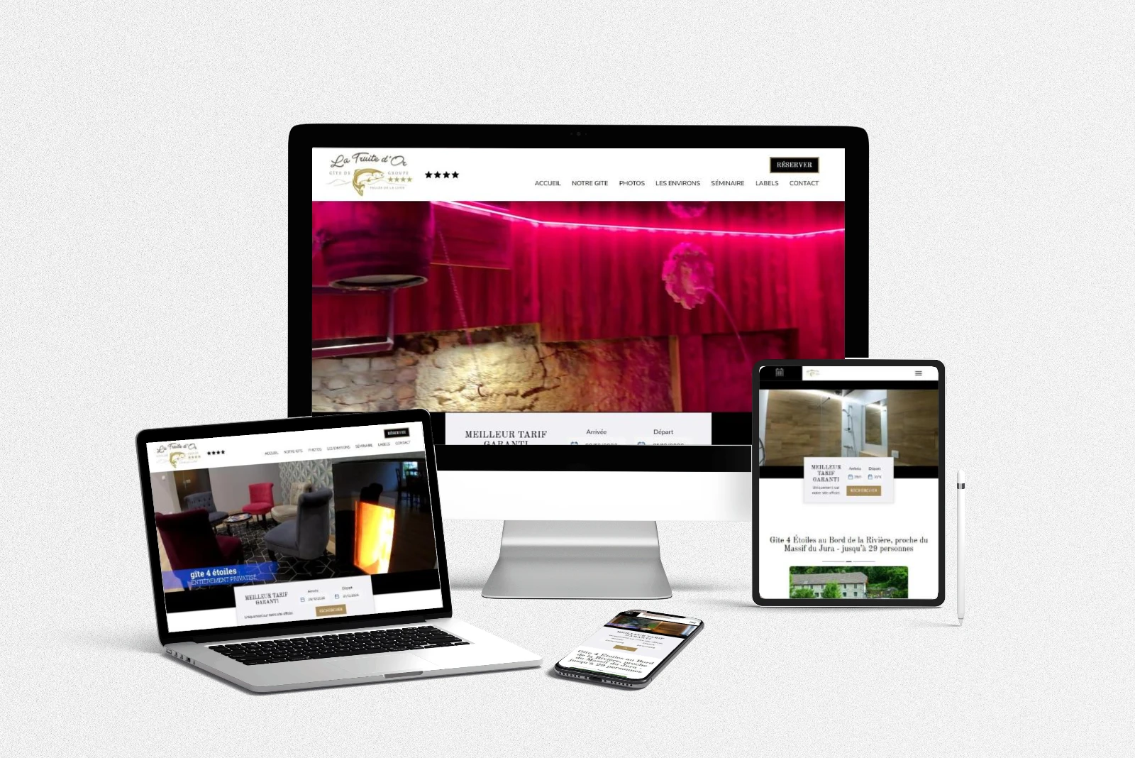 Site internet du gîte de groupe La Truite d’Or réalisé par LLP Agency, affiché sur ordinateur, portable, tablette et mobile