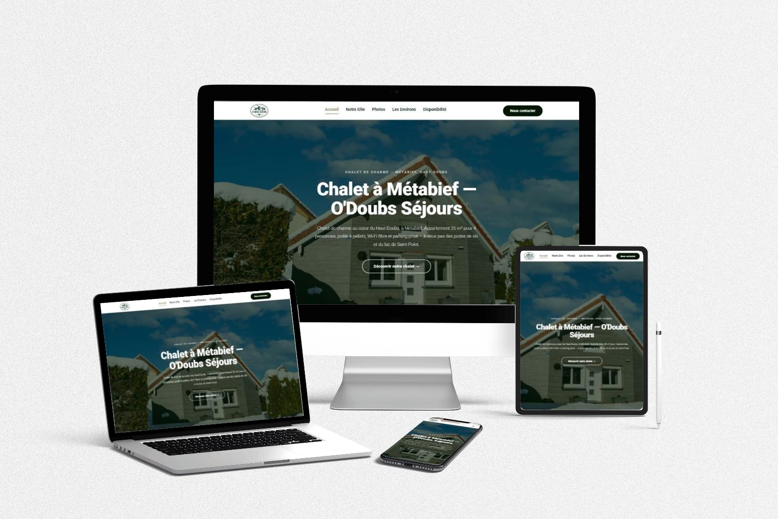 Site internet d’O’Doubs Séjours (chalet à Métabief) réalisé par LLP Agency, affiché sur ordinateur, portable, tablette et mobile